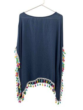Highness Navy Multi Tassel Cover Up One Size Rayon Boho Beachwear Used Rayon